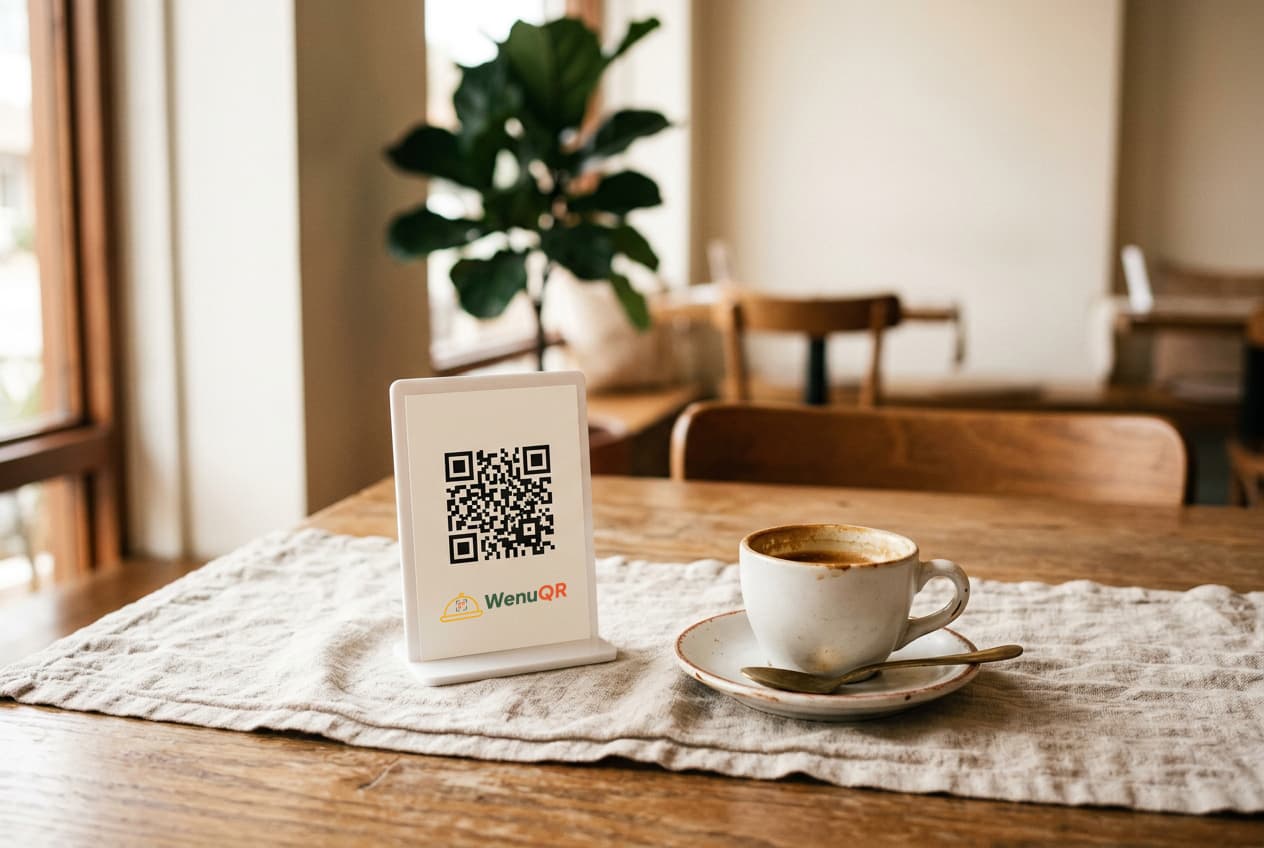Ahşap bir kafe masasında keten runner üzerinde duran QR kodlu masa standı ve yanında bir fincan kahve