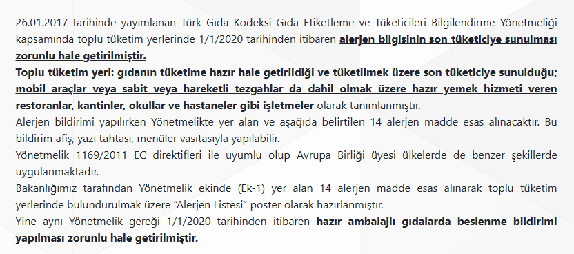Bakanlığın resmi sayfasındaki 14 maddelik alerjen listesi