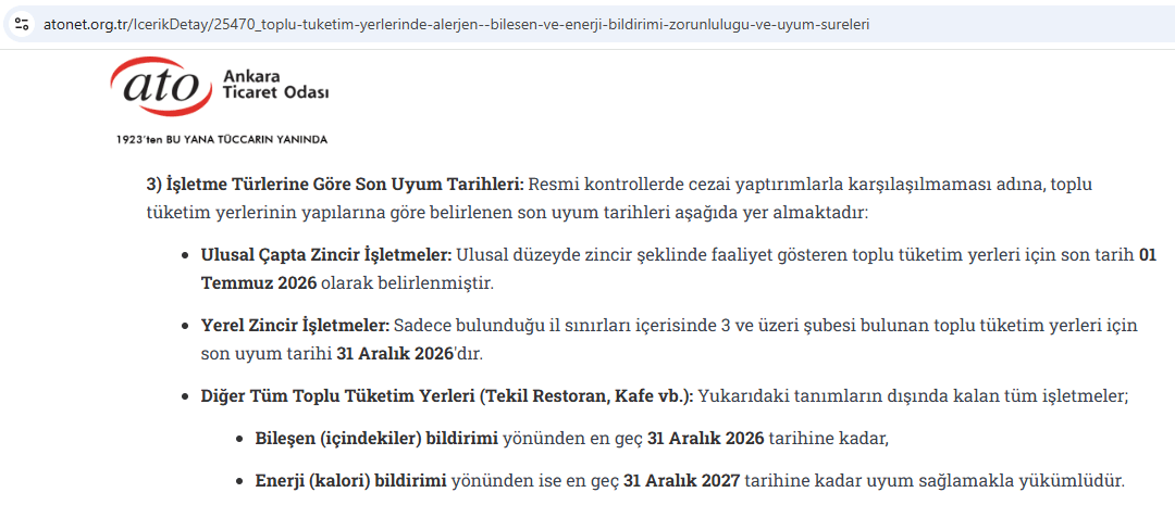 Menüde kalori bilgisi zorunluluğu — resmi kaynak