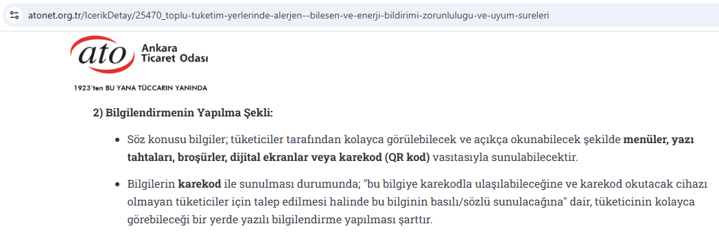 ATO sirkülerinde karekodla bilgilendirme ve okutamayan tüketici için yazılı bildirim şartı