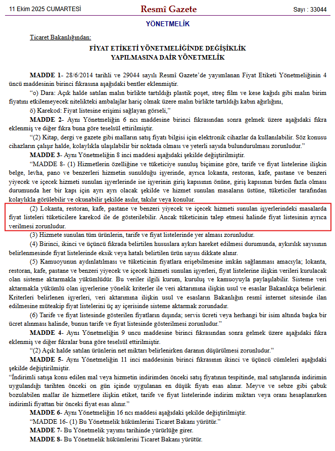 Resmî Gazete'de yayımlanan Fiyat Etiketi Yönetmeliği değişikliği, Madde 8