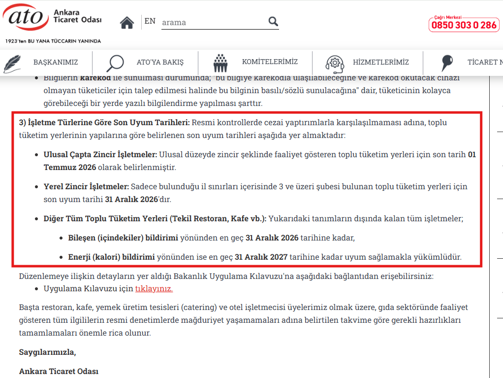 Ankara Ticaret Odası'nın işletme büyüklüğüne göre uyum takvimi tablosu